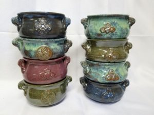 Stoneware soup crocks with Celtic designs