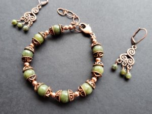 Copper and Connemara Marble Adjustable Bracelet and Earrings Set